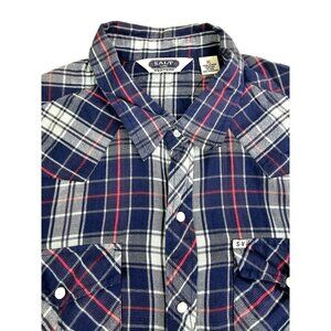 Salt Valley Size XL Mens Blue Gray Red Check Light Flannel Pearl Snap Logo Shirt